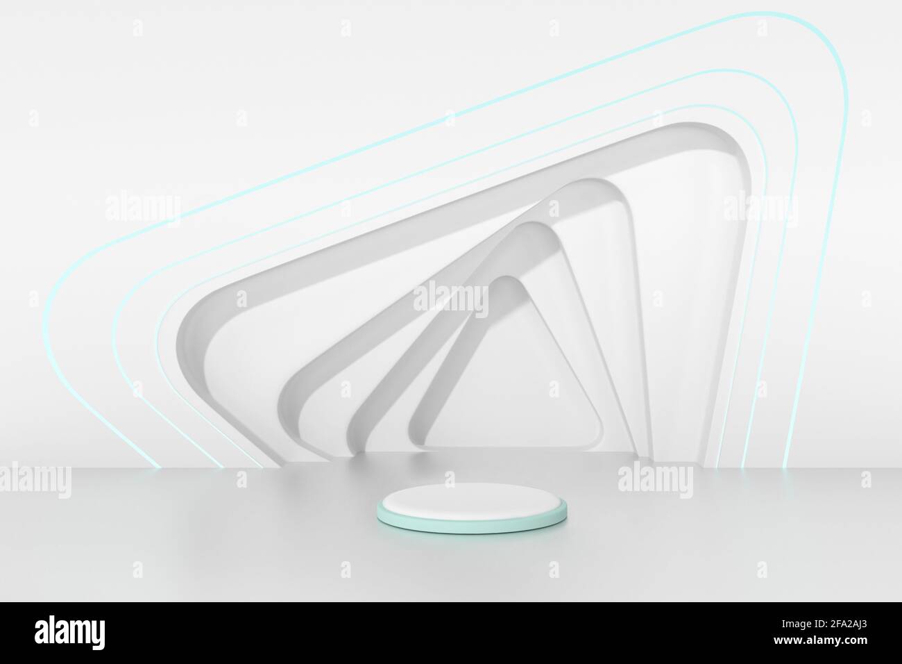 Abstrakter geometrischer Hintergrund. 3d-Darstellung der weißen Wand mit extrudierten gleichschenkligen Dreiecken und freiem Raum in der Mitte Stockfoto