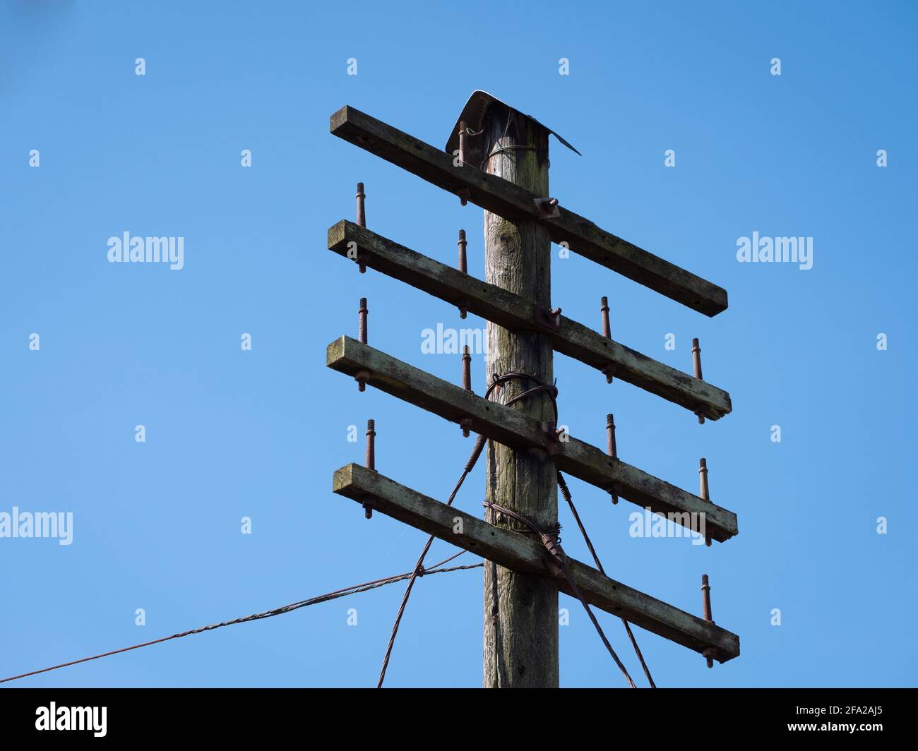 Ein ausgedient Telegraph Pole Trackside in Wiltshire, England, Großbritannien. Stockfoto