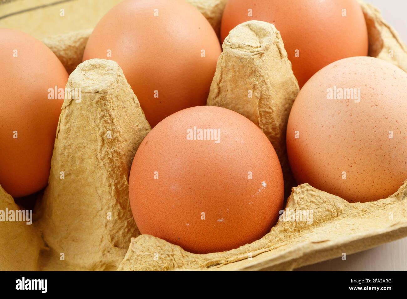 Fünf Eier in einem beigen Eierkarton Stockfoto