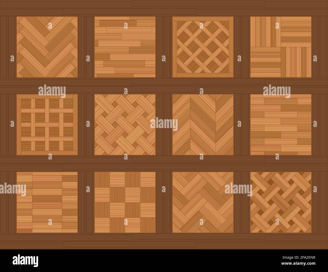 Parkettboden, Muster. Chart mit gängigen Parquetry-Mustern, den bekanntesten Modellen und Typen, zwölf Holzbodenplatten. Stockfoto