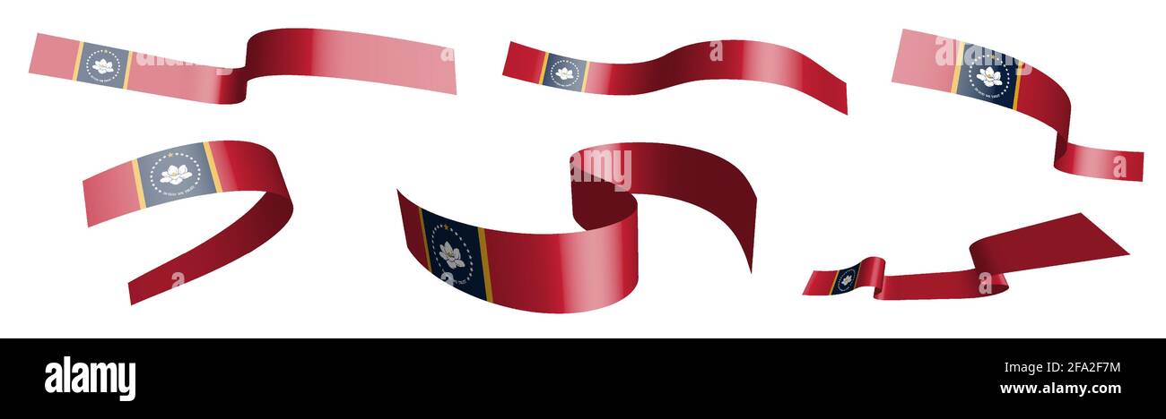 Set mit Weihnachtsbändern. Flagge des amerikanischen Staates Mississippi winkt im Wind. Trennung in untere und obere Schichten. Designelement. Vektor auf Weiß Stock Vektor