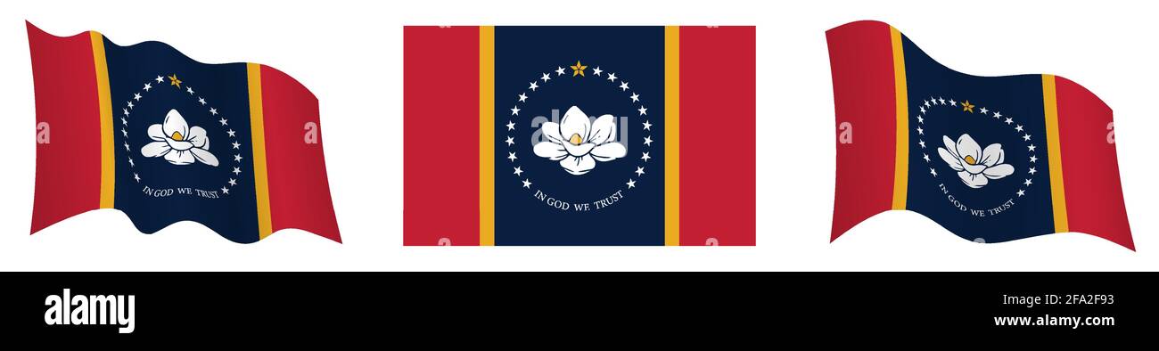 Flagge des amerikanischen Staates Mississippi in statischer Position und in Bewegung, flatternd im Wind in genauen Farben und Größen, auf weißem Hintergrund Stock Vektor