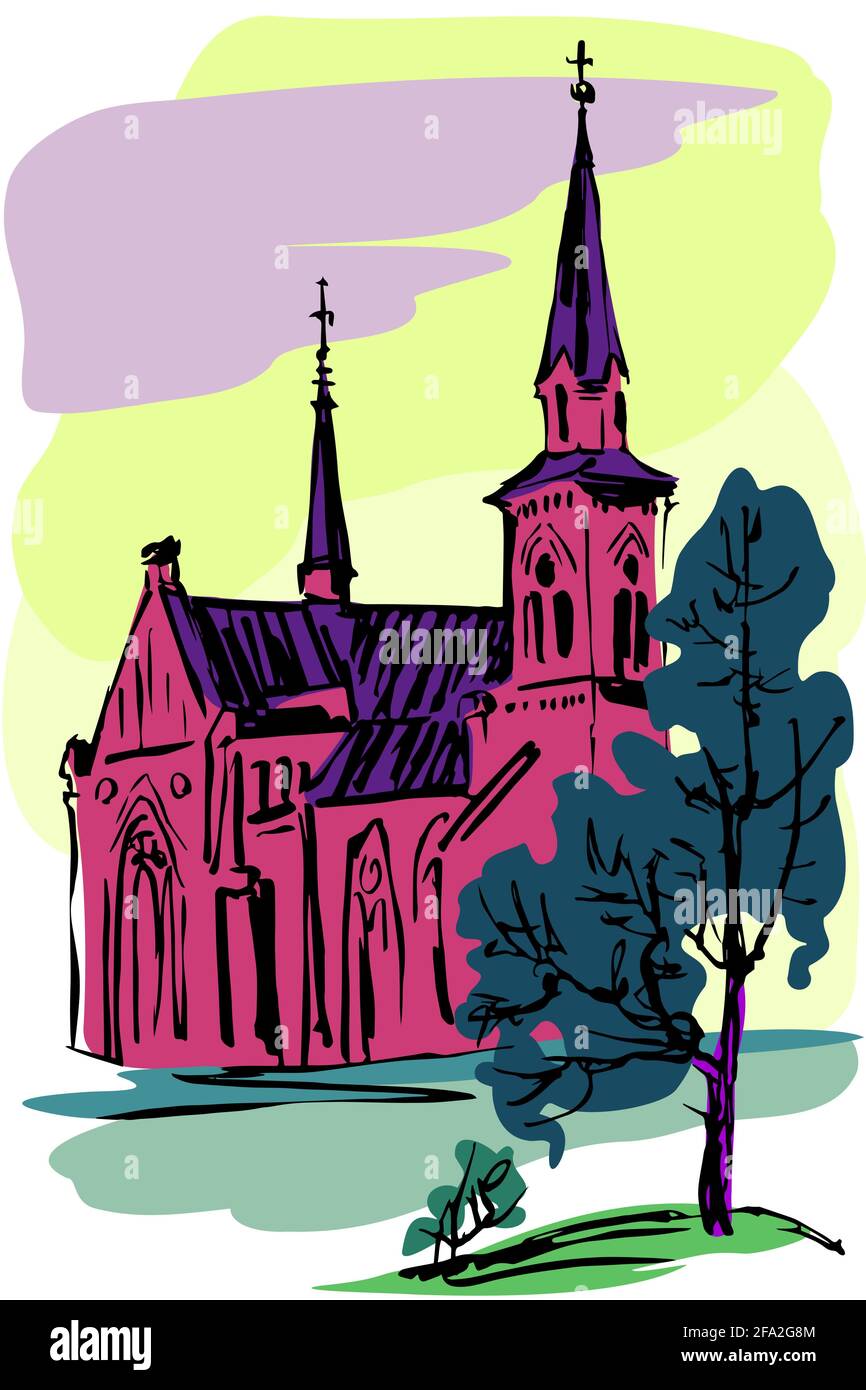 Katholischer Tempel im gotischen Stil gegen den Himmel und mit einem Baum im Vordergrund. Skizze in Farbe. Stock Vektor