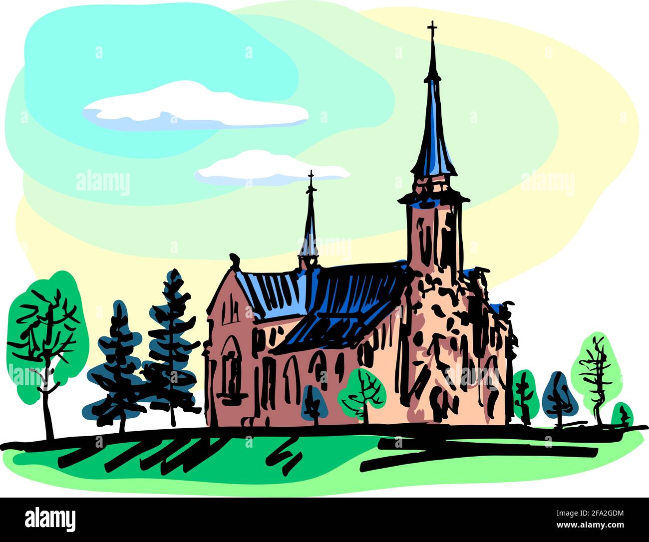 Katholischer Tempel im gotischen Stil. Panorama mit Bäumen im Hintergrund des Himmels. Skizze in Farbe. Stock Vektor