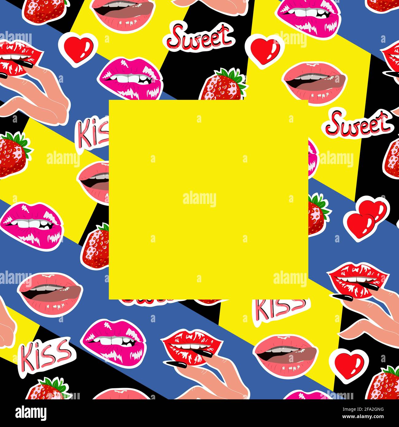 Rahmenmuster auf bedruckten Hintergrund mit weiblichen Fingern, Lippen und Erdbeeren, nahtloses Muster in flachem Stil, Vektorgrafik Stock Vektor