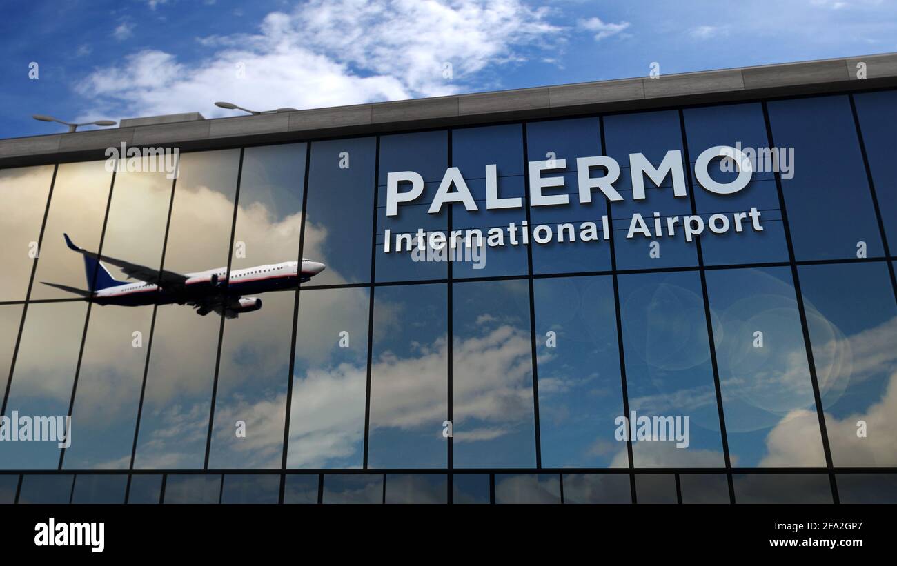 Jet-Flugzeuge landen in Palermo Sizilien, Italien 3D-Darstellung. Ankunft  in der Stadt mit dem Flughafen-Terminal aus Glas und Reflexion der pla  Stockfotografie - Alamy
