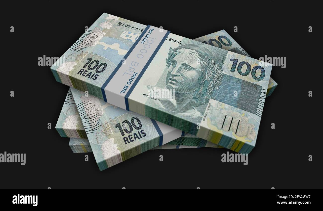 Brasilianische Real Money Pack 3d-Illustration. BRL-Banknotenbündel. Konzept von Finanzen, Bargeld, Wirtschaftskrise, Unternehmenserfolg, Rezession, bank, Ta Stockfoto