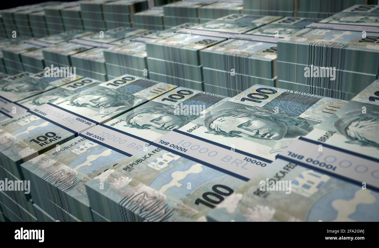 Brasilianische Real Money Pack 3d-Illustration. BRL-Banknotenbündel. Konzept von Finanzen, Bargeld, Wirtschaftskrise, Unternehmenserfolg, Rezession, bank, Ta Stockfoto