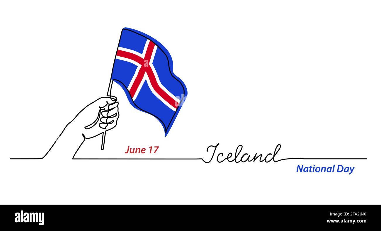 Island Flagge mit Hand. Unabhängigkeitstag Vektor-Banner, Hintergrund, Poster. Eine fortlaufende Linienzeichnung mit Schriftzug Island Stock Vektor