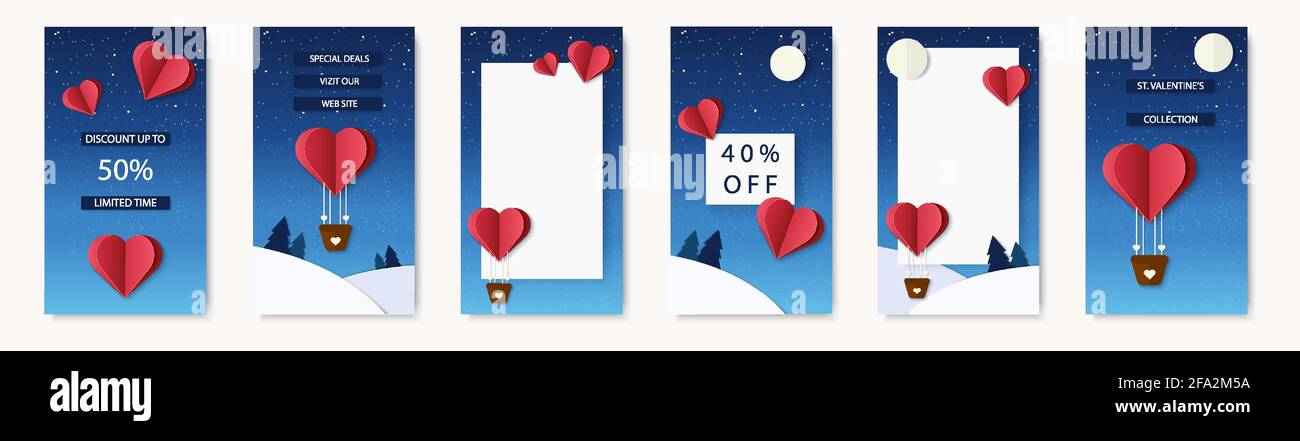Social-Media-Vorlagen mit Love-Thema für mobile Geräte. Hintergründe für Ihre Geschichten. Angebot am Valentinstag. Heißluftballons am Nachthimmel, Winterwald Stock Vektor