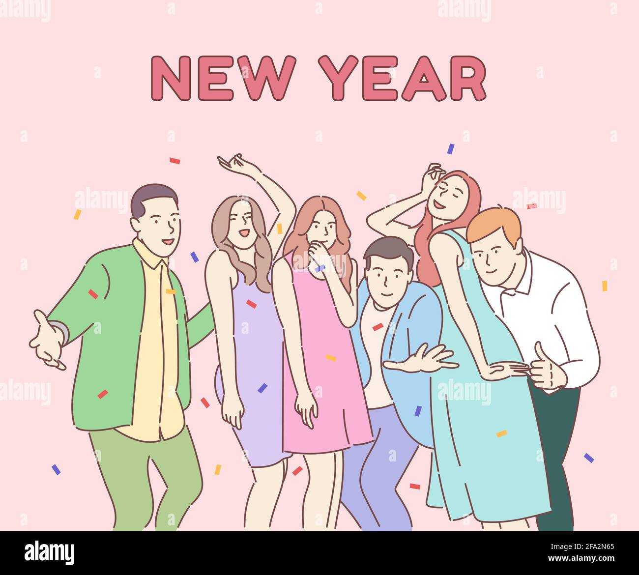 Silvester Firmenparty Konzept. Glückliche Kollegen, Freunde feiern Winterurlaub, positives Business-Team mit Champagner, frohe Weihnachten, tradit Stock Vektor