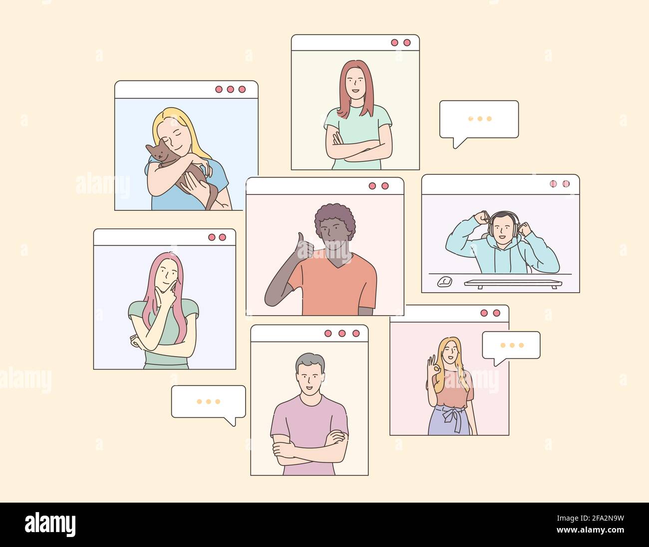 Konzept der Videokonferenz und Web-Kommunikation. Teambesprechung online. Lächelnde Männer und Frauen arbeiten aus der Ferne und führen eine virtuelle Unternehmensdiskussion. Stock Vektor