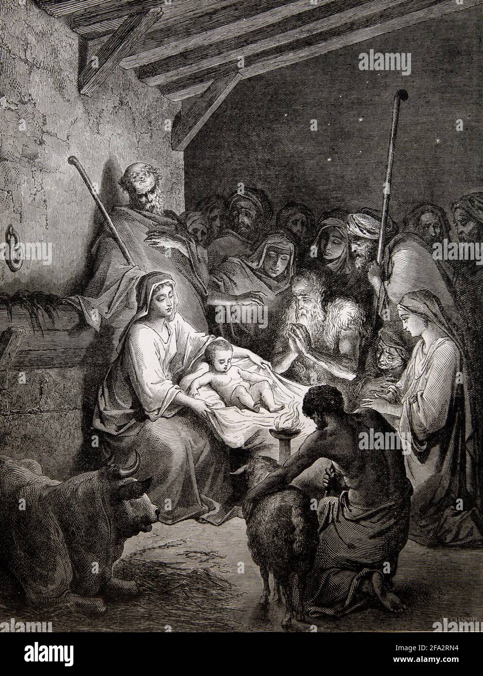 Bibelgeschichte Illustration der Geburt Christi (Lukas 2: 15-16) von Gustave Dore Stockfoto