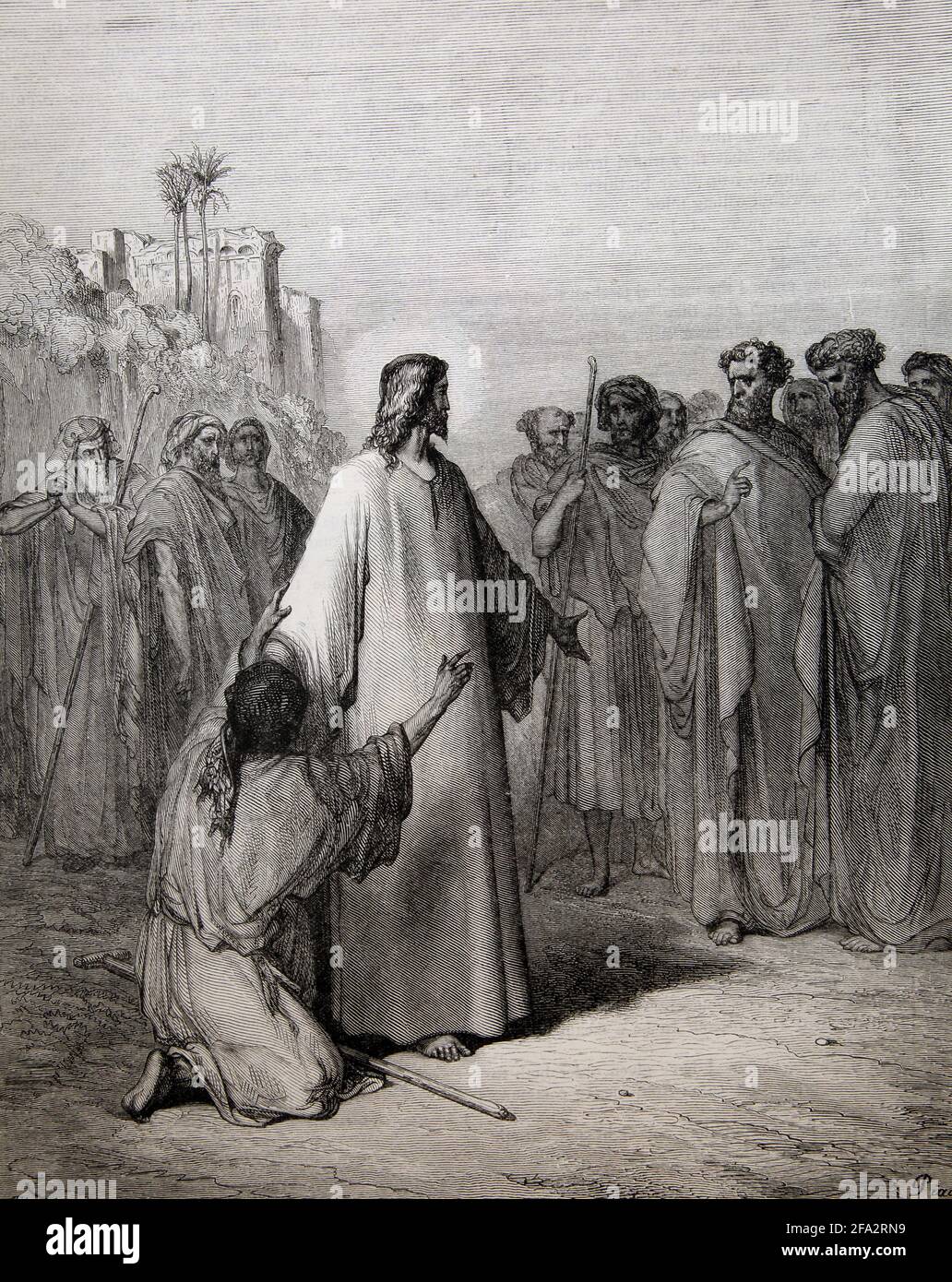 Bible Story Illustration Jesus Heilung der Mann mit Th besessen Devil (Lukas 4:36-37) von gustave Dore Stockfoto