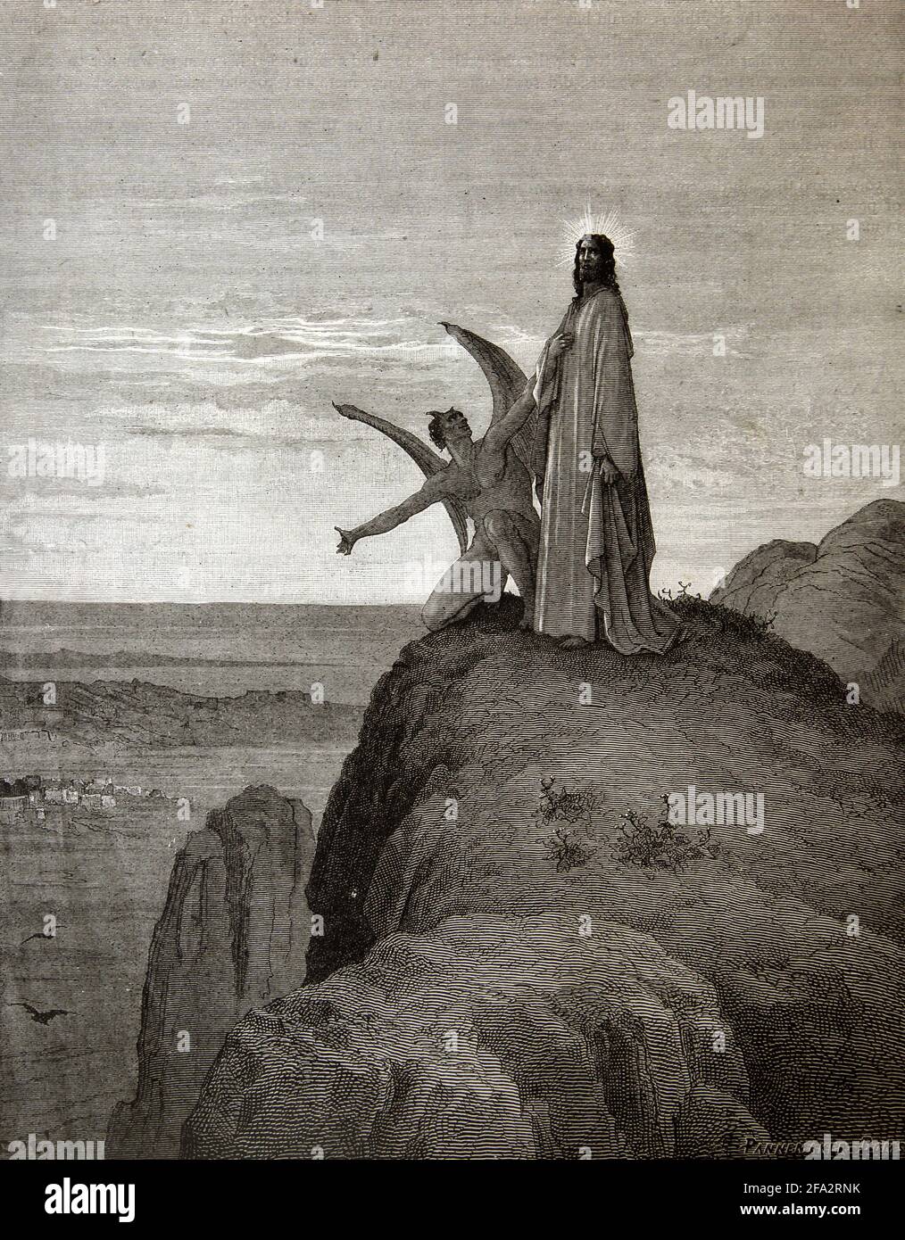 Bibelgeschichte Illustration der Versuchung Christi (Lukas 4:7-8) Von Gustave Dore - Jesus wird vom Teufel versucht In der Wüste Judaas Stockfoto