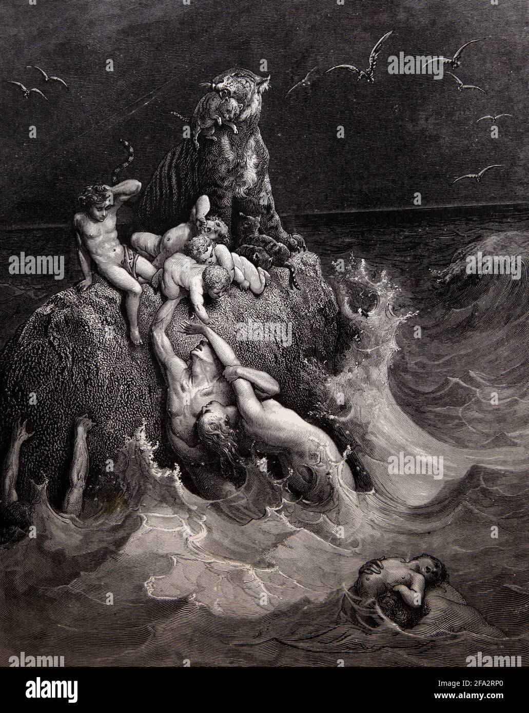 Bibelgeschichte Illustration der Sintflut (die große Sintflut) Genesis 8:3-4 Von Gustave Dore Stockfoto