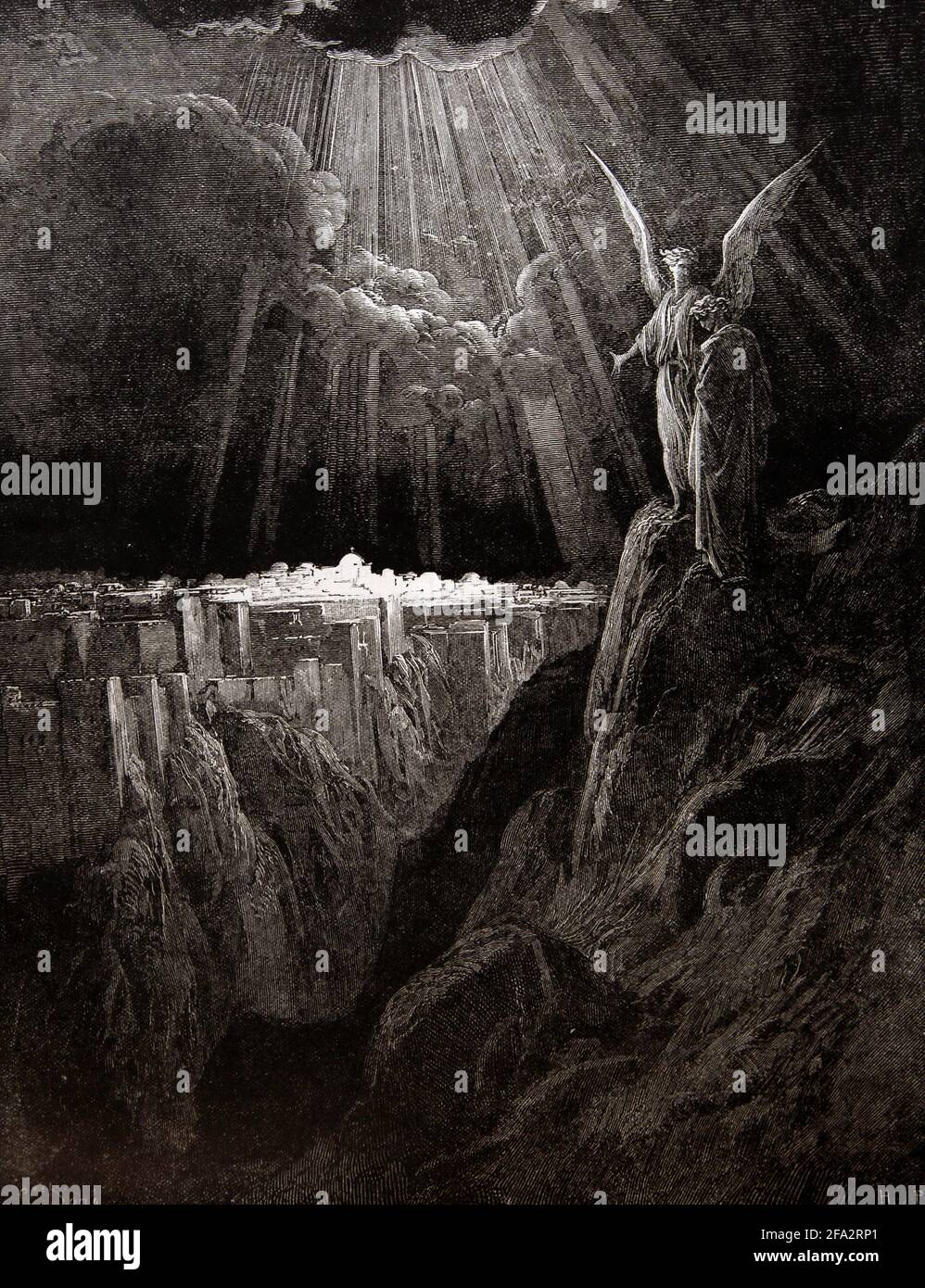 Bibelgeschichte Illustration des Engels, der dem heiligen Johannes das himmlische Jerusalem zeigt (Offenbarung 21: 1-2) von Gustave Dore Stockfoto