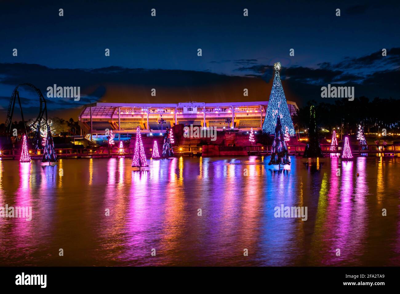 Orlando, Florida. 25. November 2020. Panoramablick auf bunte und beleuchtete Weihnachtsbäume bei Seaworld (17) Stockfoto