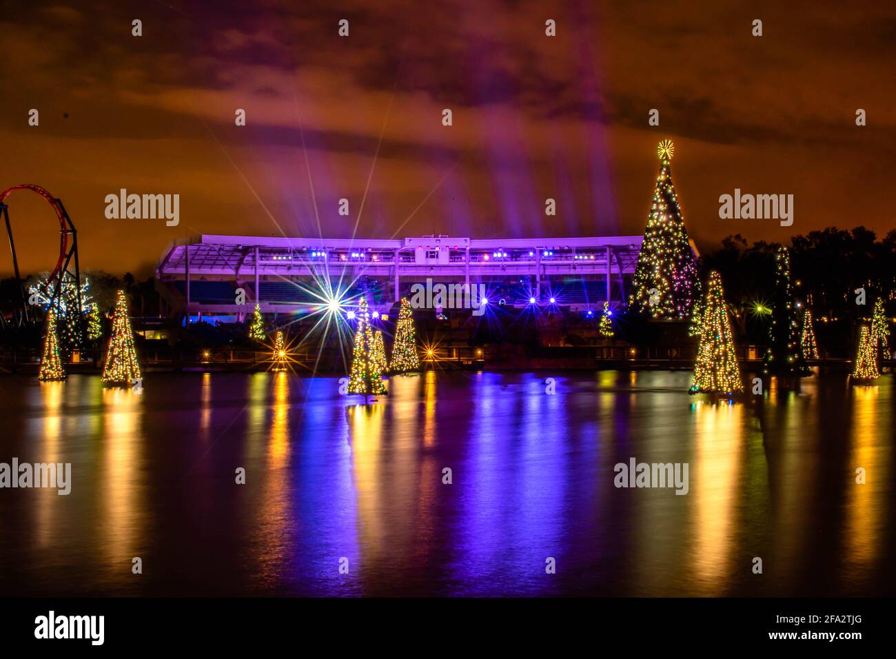 Orlando, Florida. 25. November 2020. Panoramablick auf bunte und beleuchtete Weihnachtsbäume bei Seaworld (29) Stockfoto