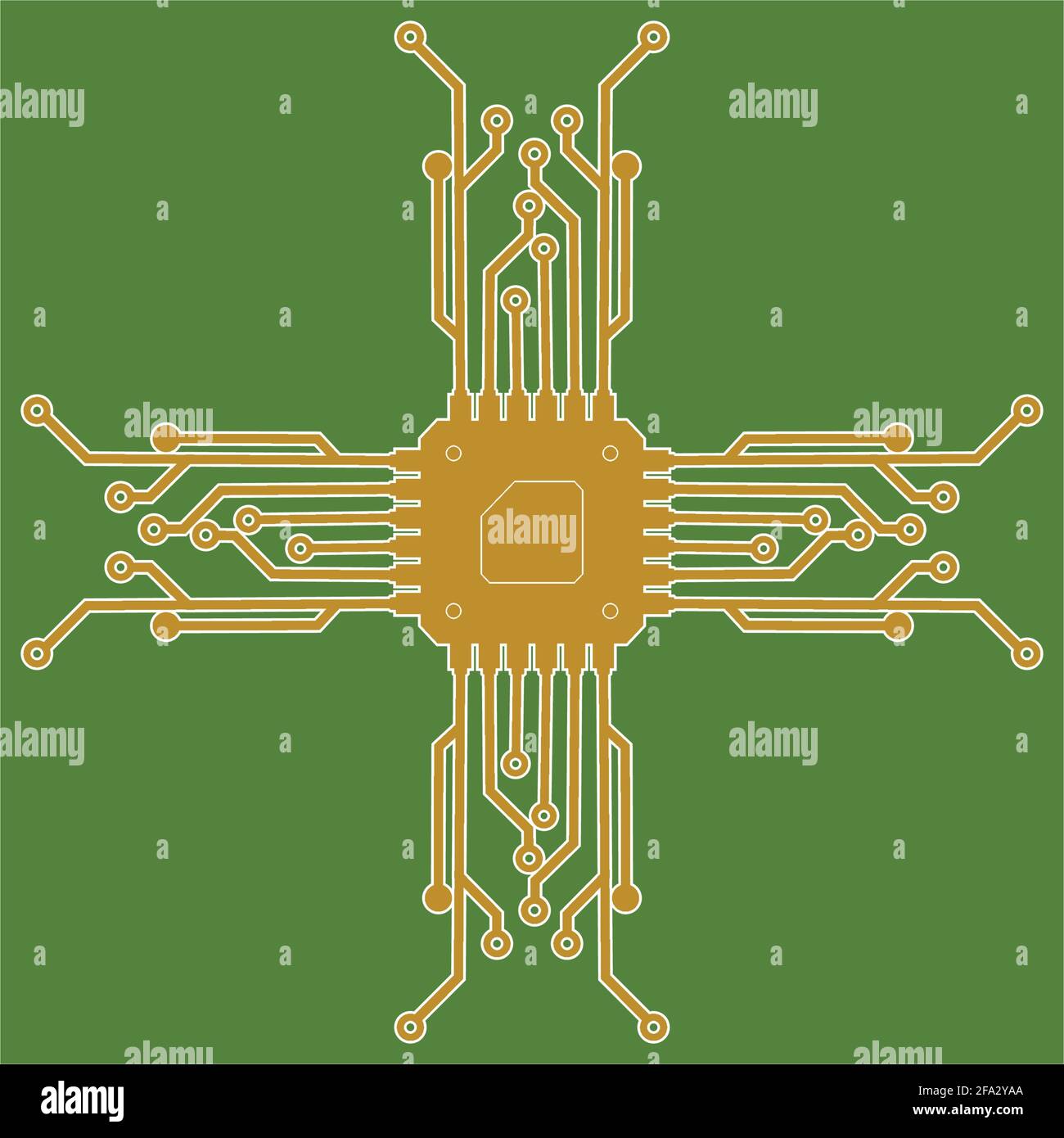 Flache Mikroelektronik-Schaltungen. Leiterplattenvektor, grüner Hintergrund. Stock Vektor