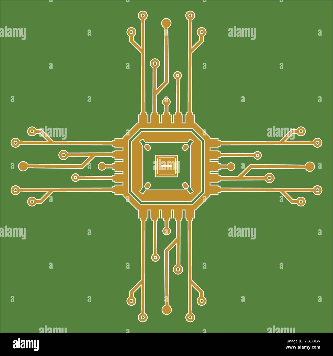 Flache Mikroelektronik-Schaltungen. Leiterplattenvektor, grüner Hintergrund. Stock Vektor