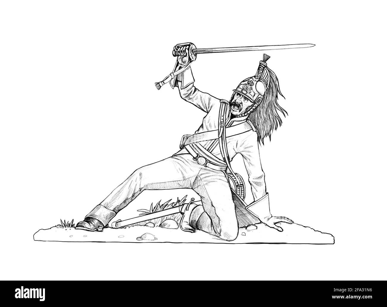 Englische Dragoner im Kampf. Historische Zeichnung. Napoleonischer Krieg. Schlacht von Waterloo. Stockfoto