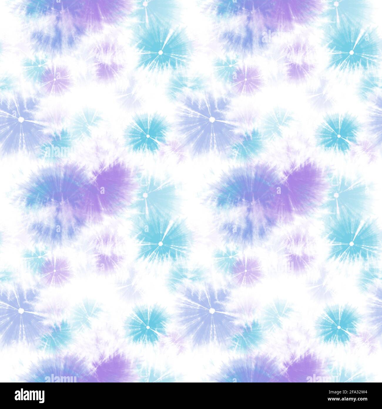 Abstrakter, nahtloser Batikmuster-Textildruck. Frische Mode-Textur in den Farben Türkis, Violett, Blau auf weißem Hintergrund. Aquarell-Design Stockfoto