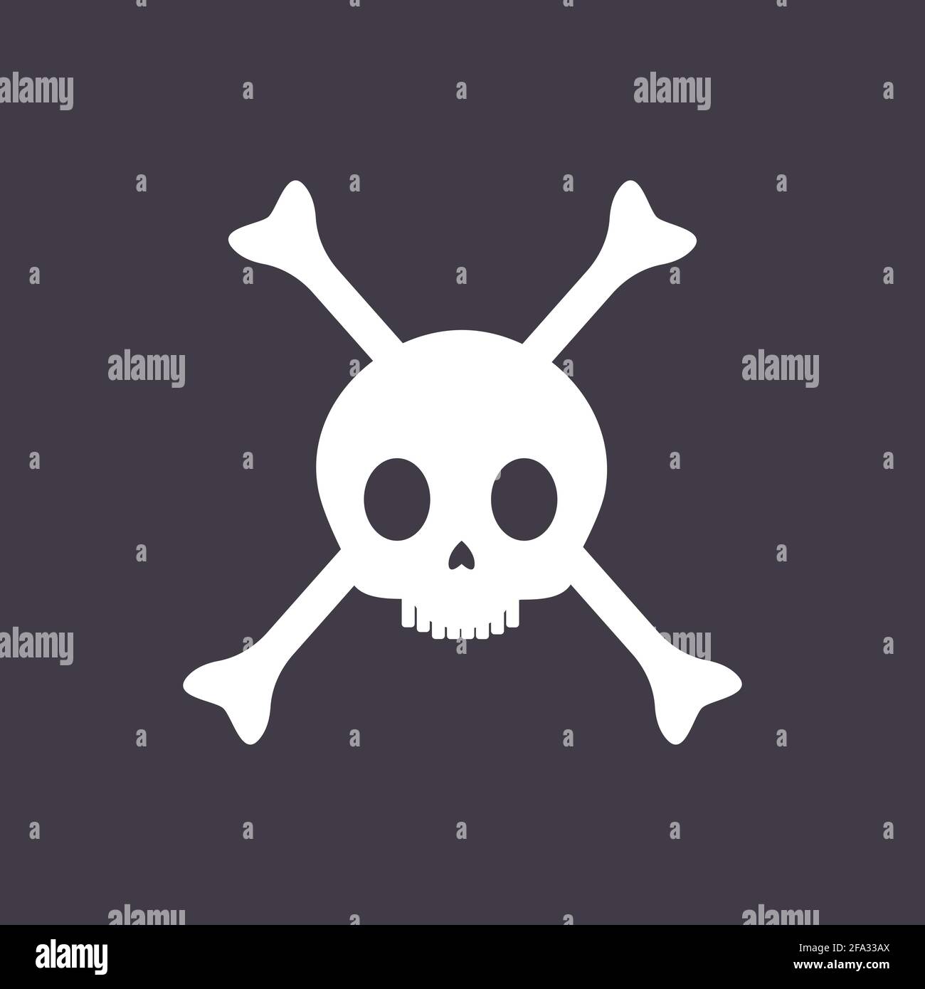 Piratenschädel mit gekreuzten Knochen Vektor flache Illustration isoliert auf schwarzem Hintergrund. Jolly Roger Piratensymbol, Totenschädel, Gefahr und Gift-Label oder Icon-Design. Stock Vektor