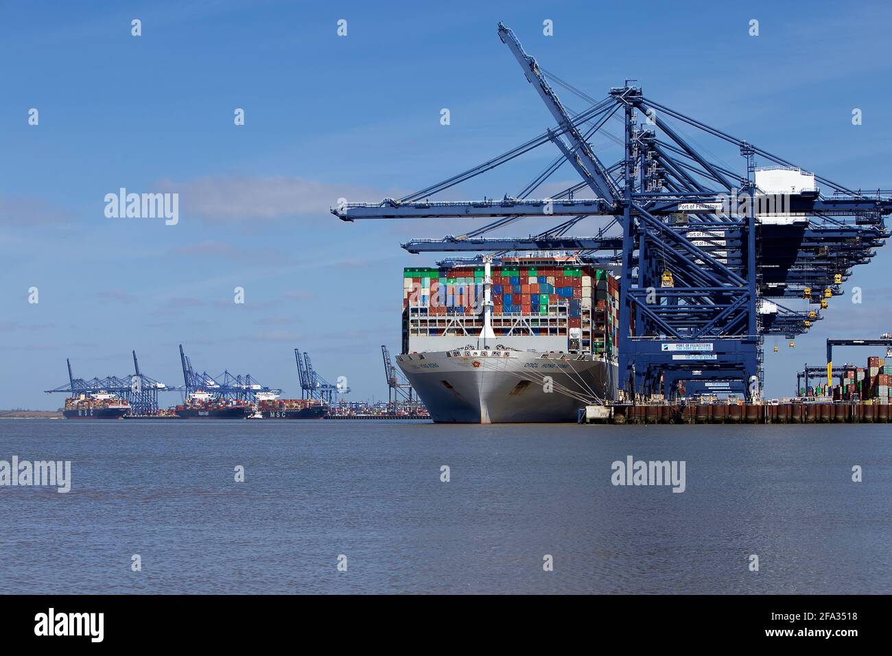 Das Containerschiff OOCL Hong Kong dockte im Hafen von Felixstowe, Suffolk, Großbritannien, an. Stockfoto