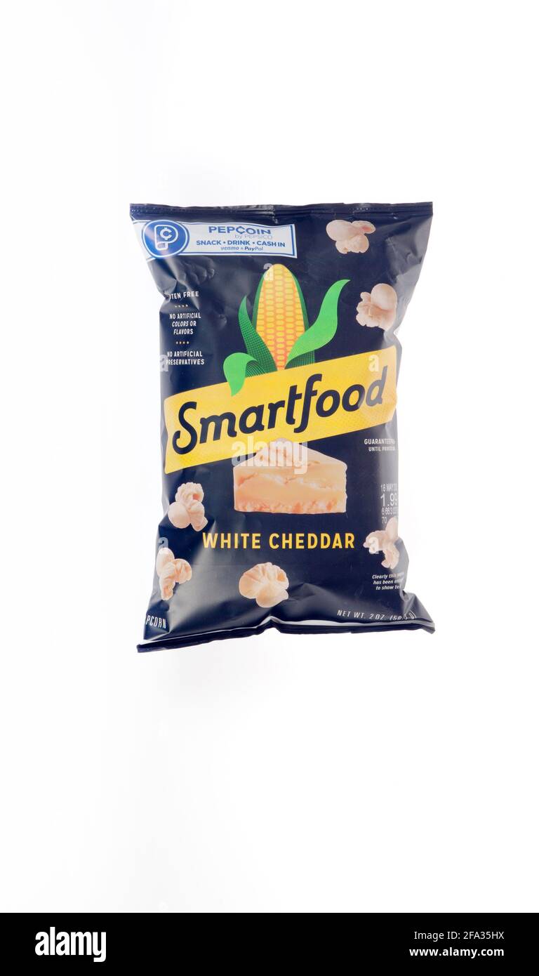 Smartfood Popcorn Bag in weißem Cheddar-Geschmack Stockfoto