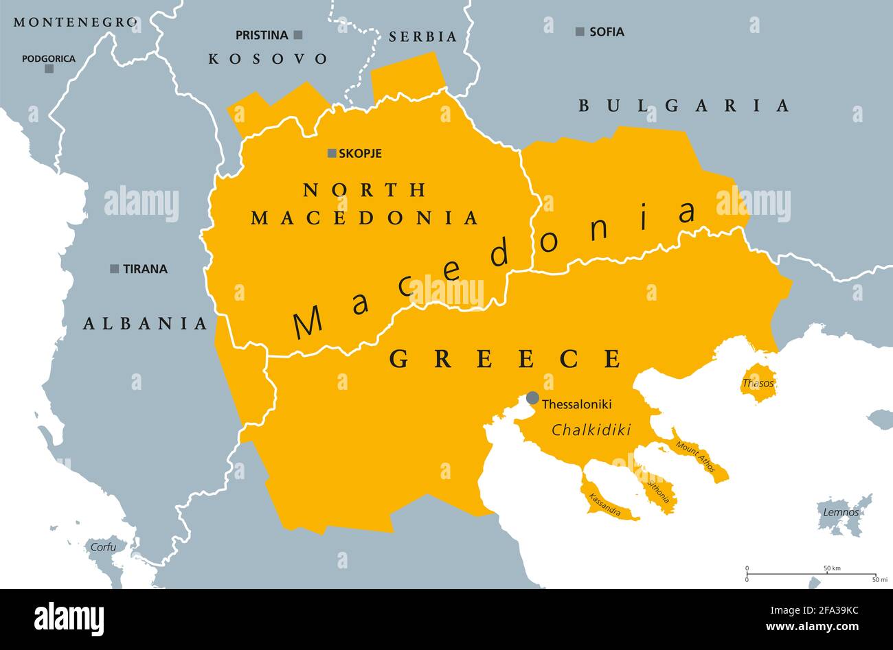 Geographische Region von Mazedonien, politische Karte. Region der Balkanhalbinsel in Südosteuropa. Stockfoto