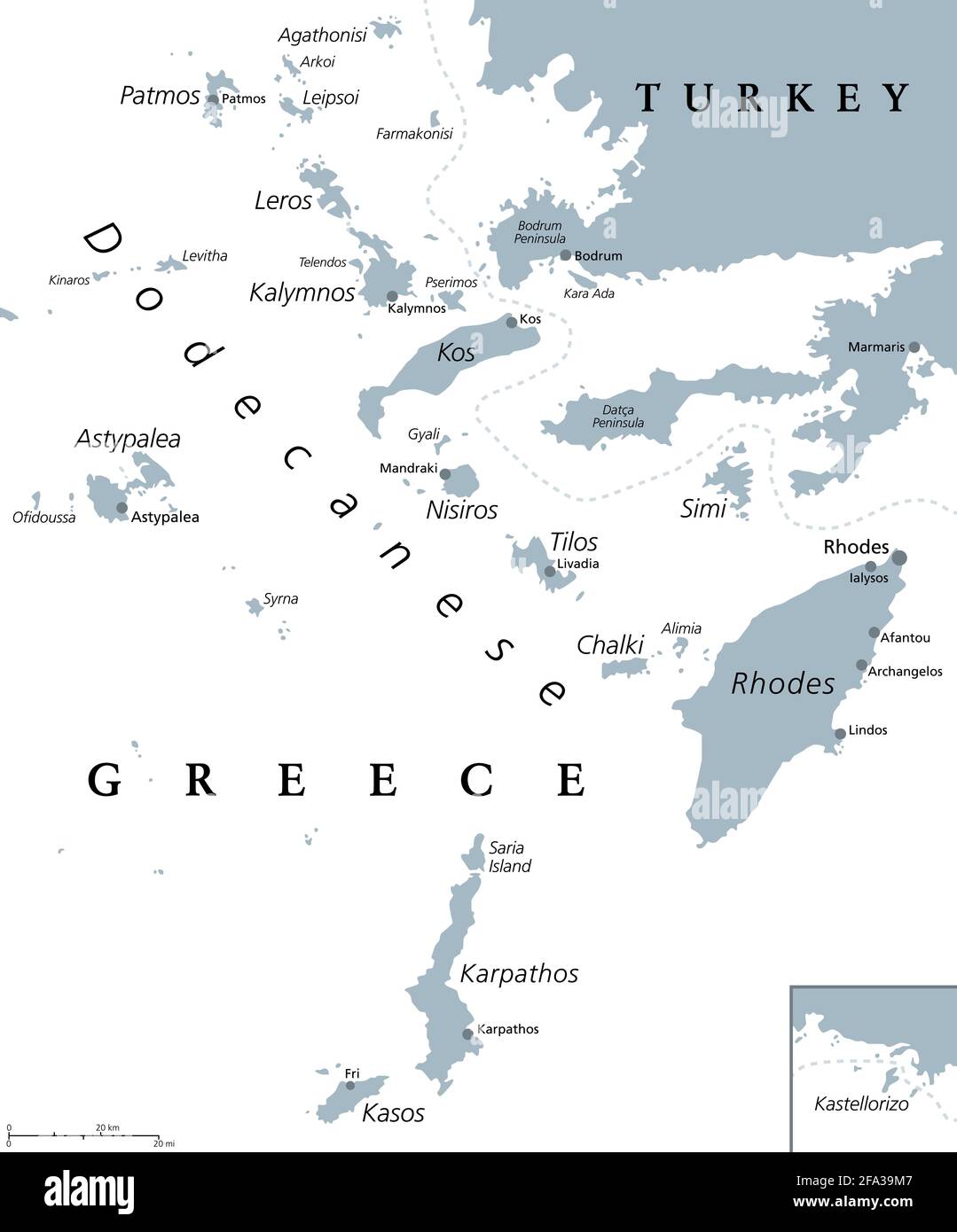 Dodekanesische Inseln, graue politische Landkarte. Griechische Inselgruppe in der südöstlichen Ägäis und im östlichen Mittelmeer vor der Küste der Türkei. Stockfoto