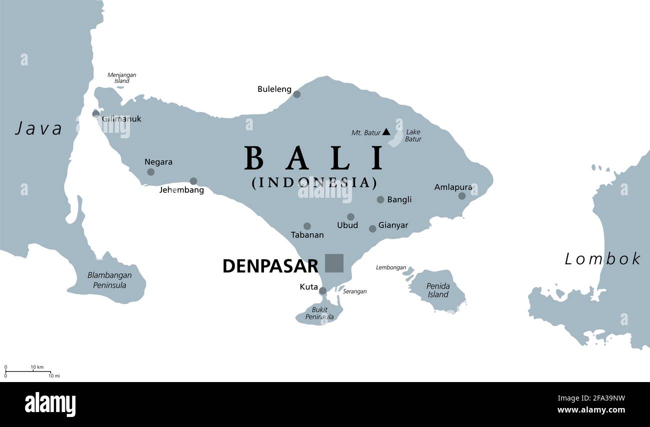 Bali, graue politische Landkarte. Eine Provinz und Insel Indonesiens, die westlichste der Kleinen Sunda-Inseln, östlich von Java, westlich von Lombok. Stockfoto