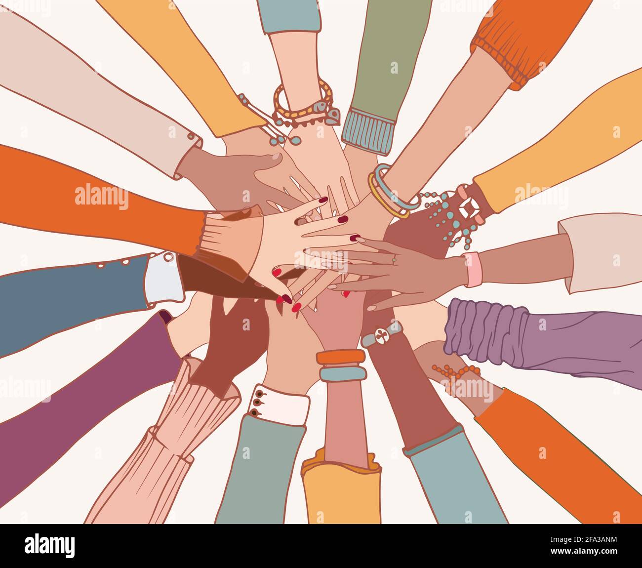 Gruppe von Waffen und Händen übereinander in einem Kreis von verschiedenen multiethnischen Menschen.Menschen verschiedener Kulturen.Zusammenarbeit. Menschen mit Vielfalt Stock Vektor