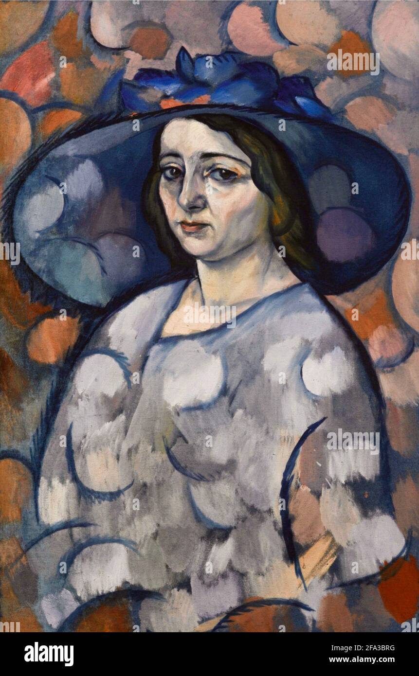 Vladimir Baranov Rossine - Porträt einer Dame in einem blauen Hut Stockfoto