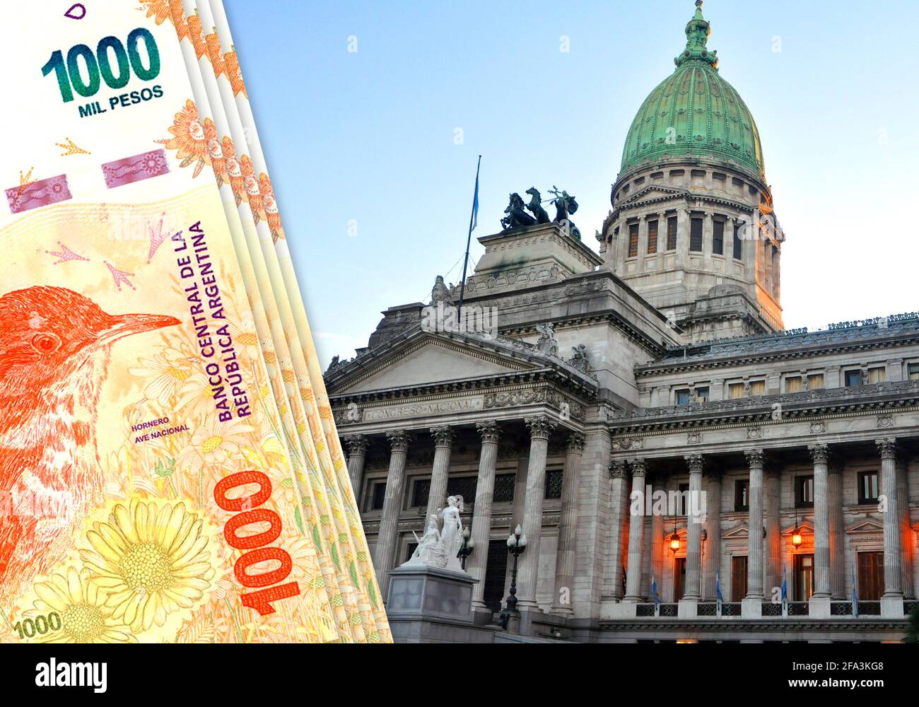 Geld / Bargeld: Argentinischer Peso und Kongress der argentinischen Nation. Stockfoto