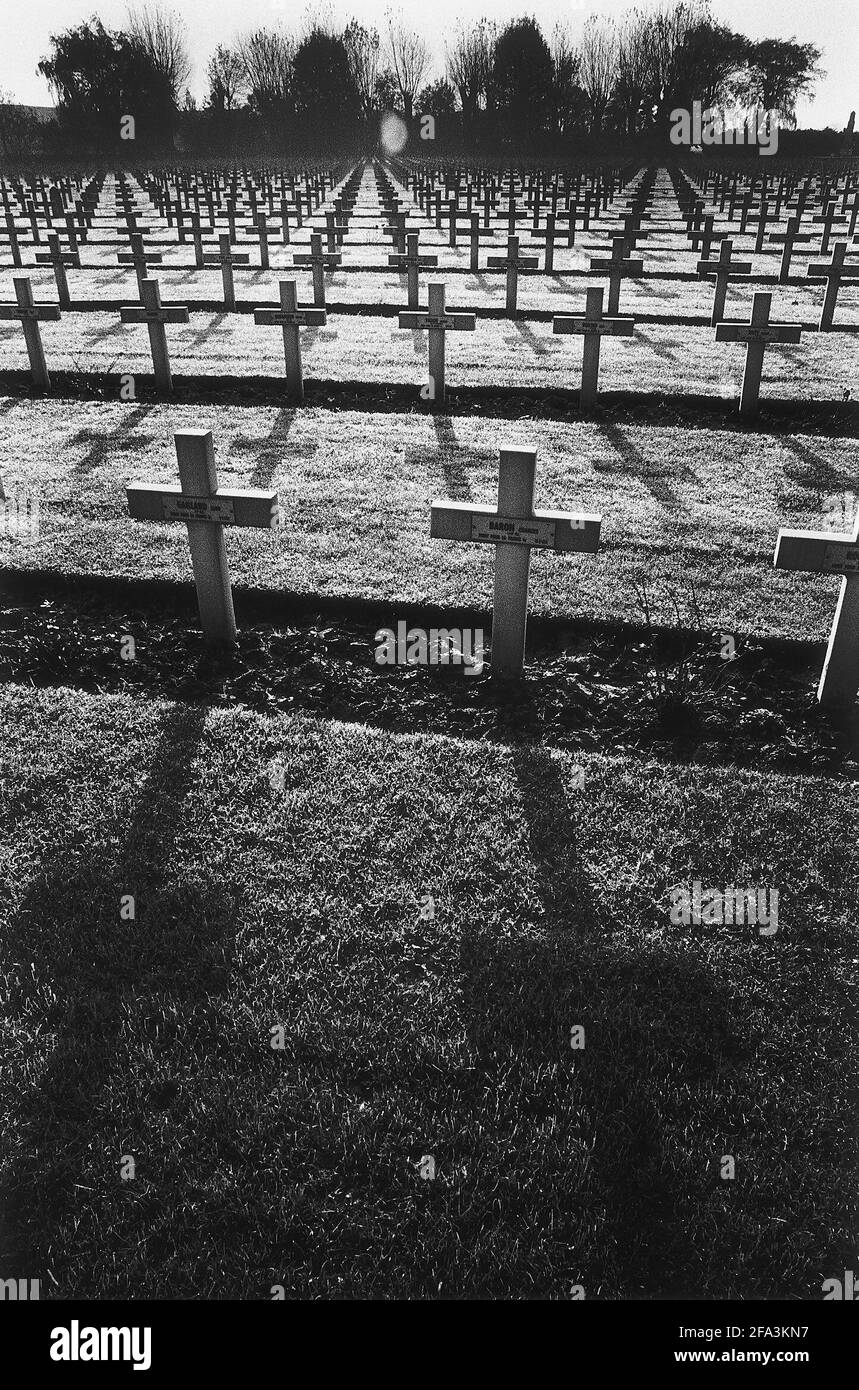 Kriegsgräber aus dem Ersten Weltkrieg auf dem französischen Friedhof in Nordostfrankreich Stockfoto
