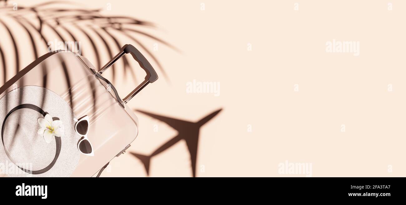 Koffer und Reisezubehör auf beigem Hintergrund. Bereit für Sommerreisen 3D-Rendering, 3D-Illustration Stockfoto