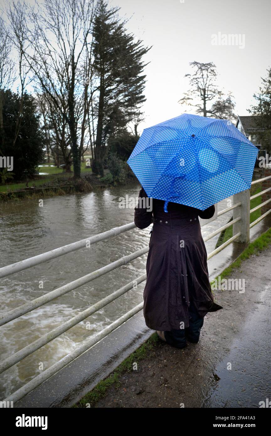 Eine Frau, die am Fluss waveney mit einem blau gepunkteten Regenschirm steht ellingham norfolk england Stockfoto