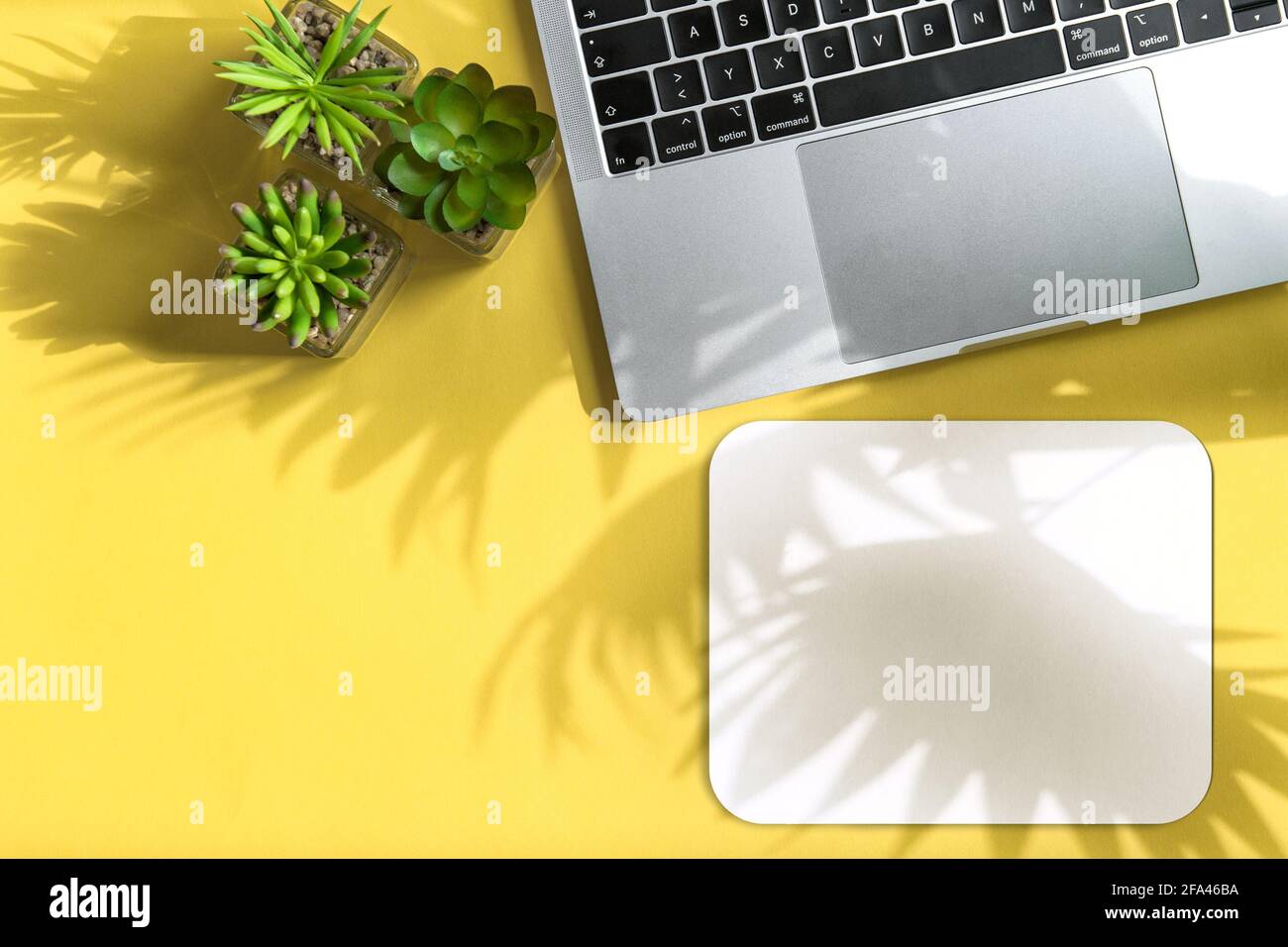 Home Office Arbeitsplatz flach legen. Notebook und Mauspad mit Sonnenschatten Stockfoto