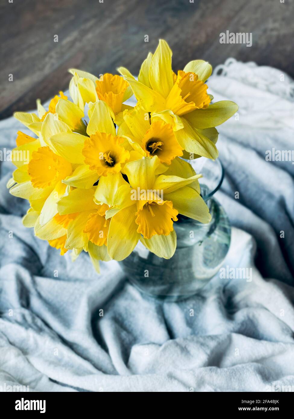 Blumen in einer transparenten Vase auf weißem, freiem Raum Stockfoto