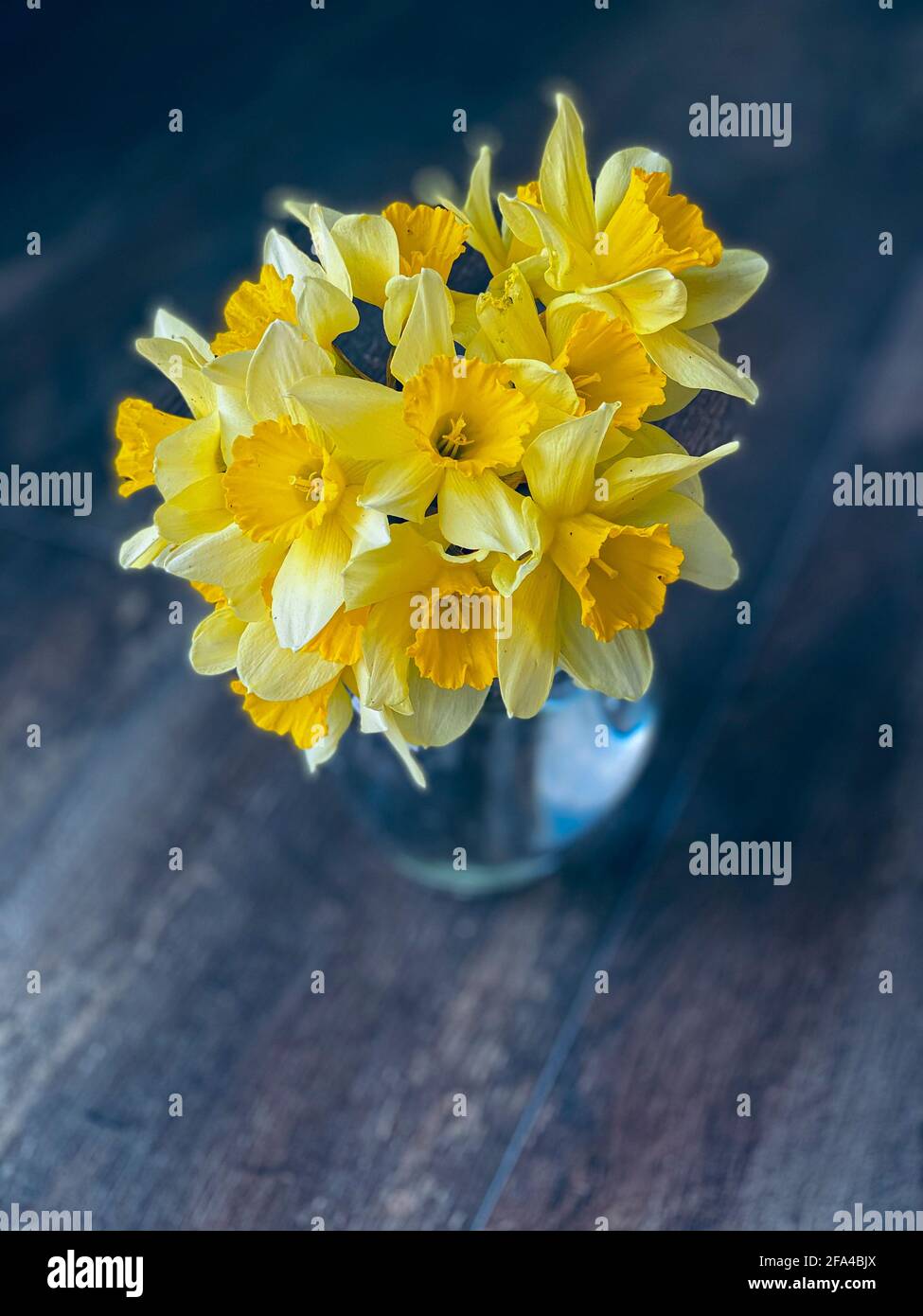 Gelbe Blumen in einer Glasvase auf einem Holzhintergrund, freier Platz Stockfoto