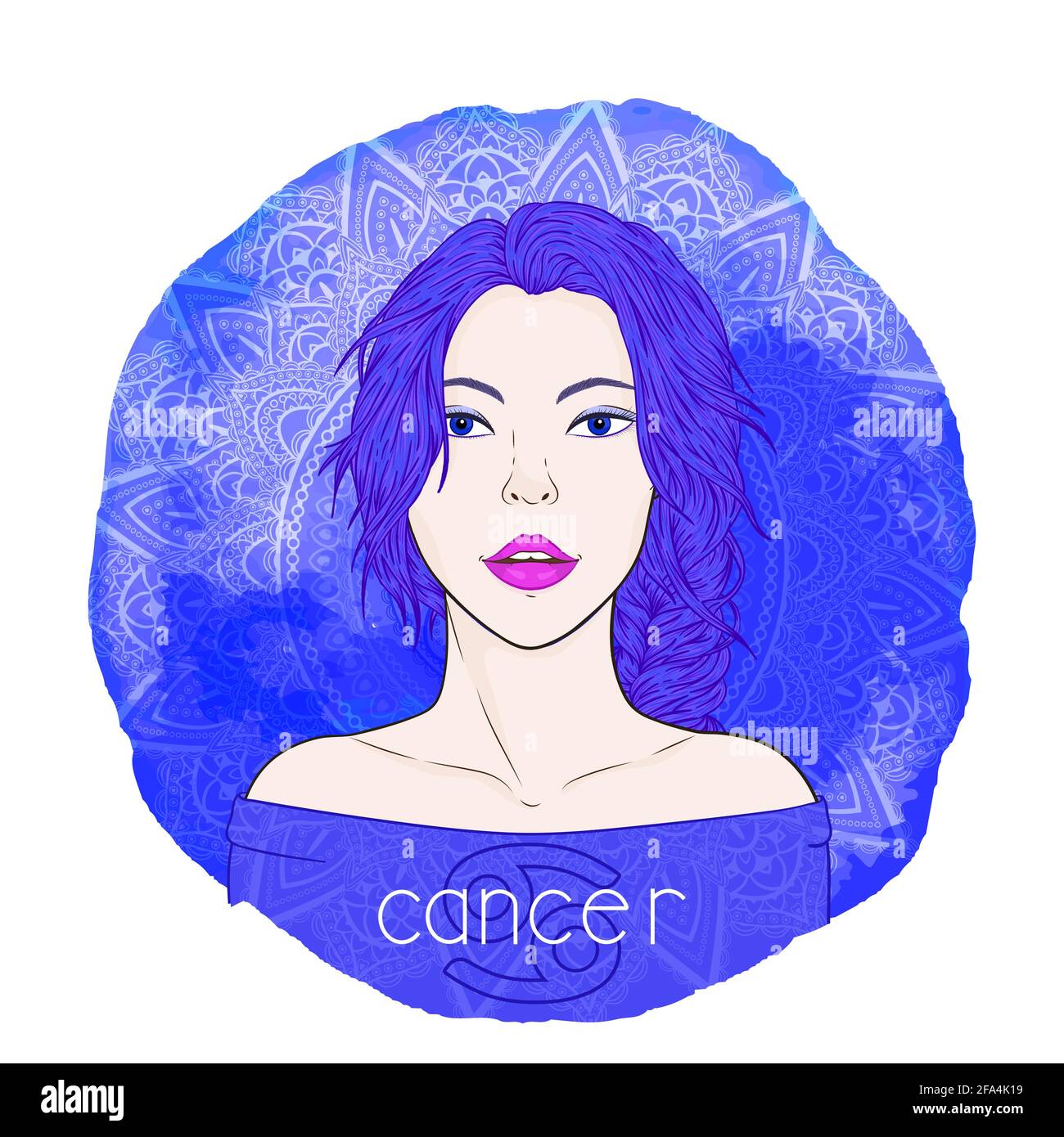 Astrologie-Karte mit Sternzeichen Krebs und schöne Frau Porträt auf einem dekorativen Aquarell-Hintergrund mit Muster. Wasserelement. Vektorgrafik Stock Vektor