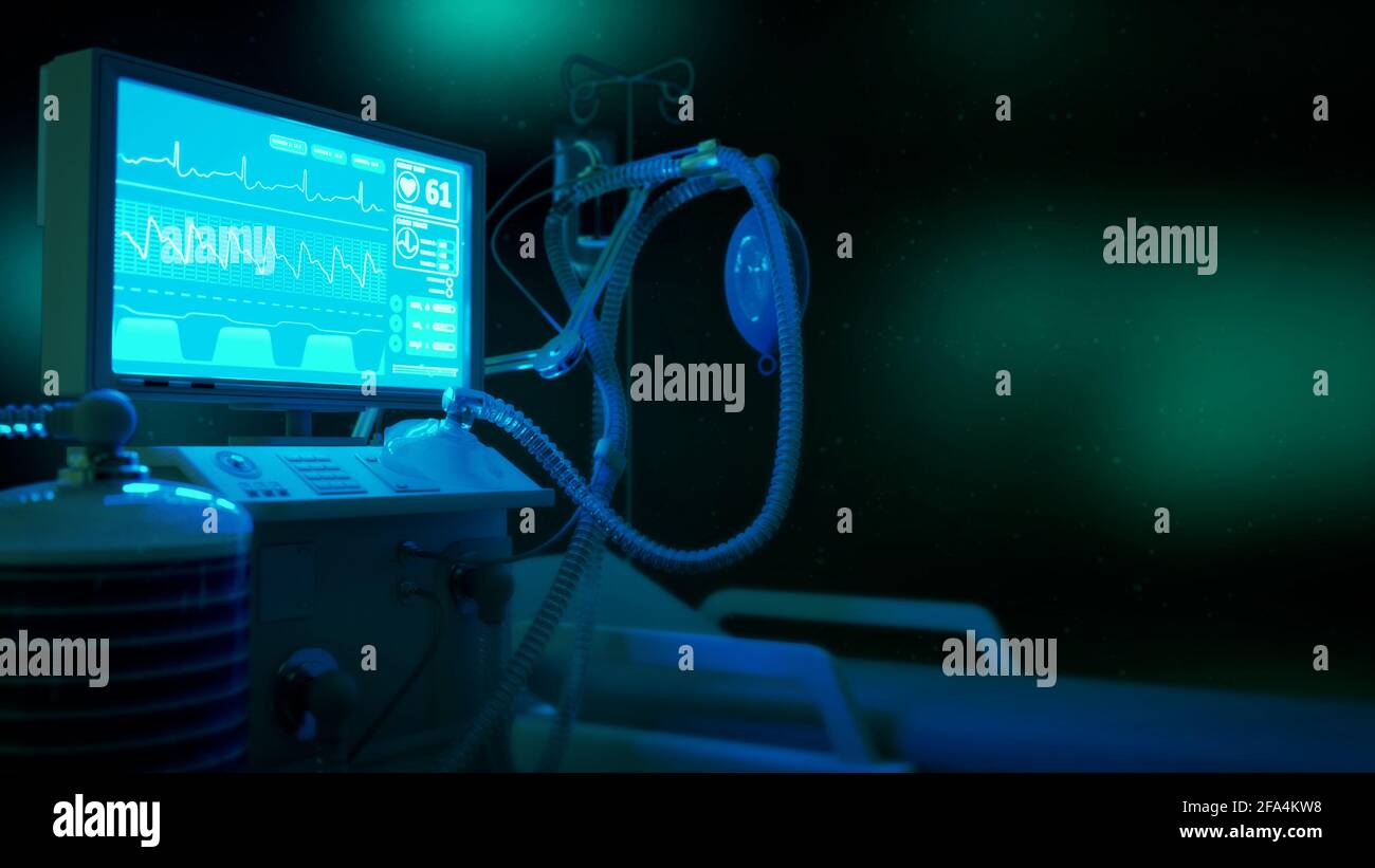 ITS-Lungenventilator in der Klinik bei Nacht, Medizin 3d-Illustration Stockfoto
