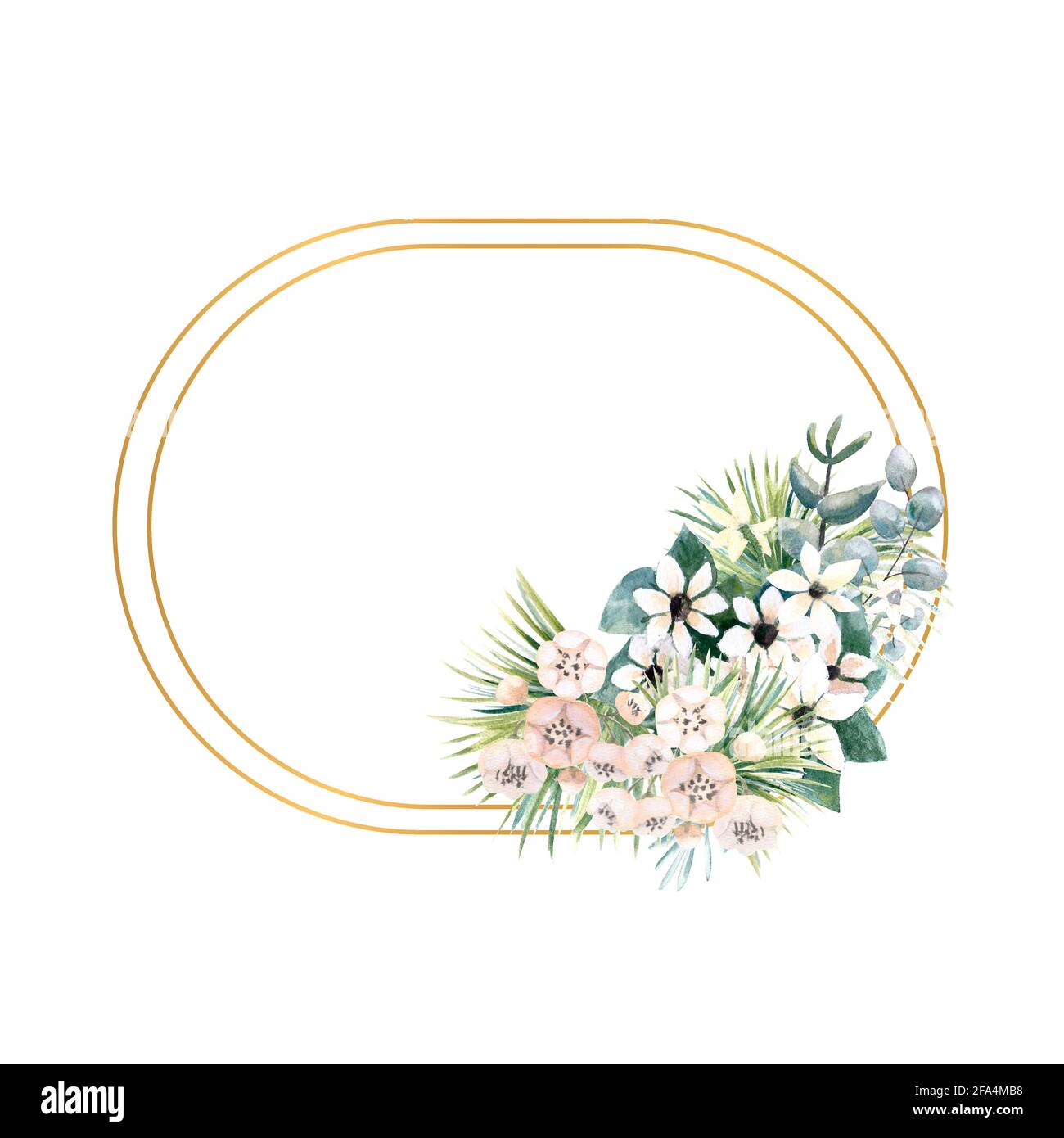 Ovaler Goldrahmen mit kleinen Blüten von Actinidia, bouvardia, tropischen und Palmblättern. Hochzeitsbouquet in einem Rahmen für das Design eines stilvollen Stockfoto