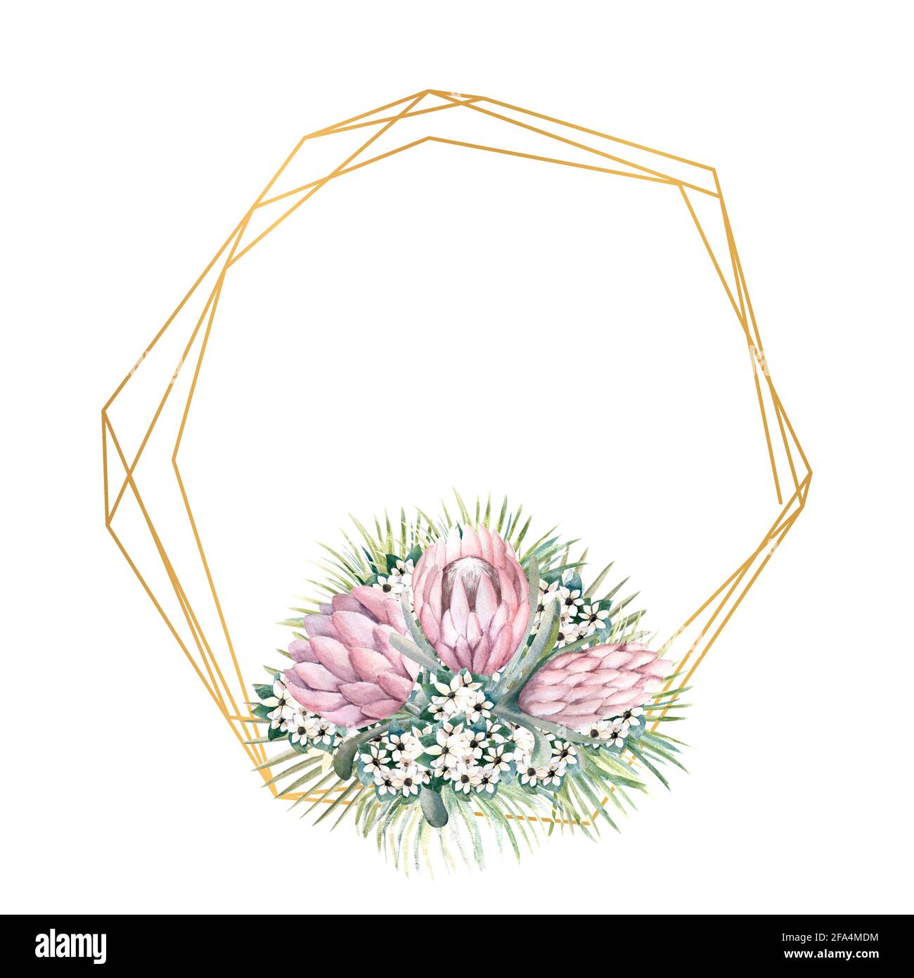 Rahmen mit protea-Blüten, tropischen Blättern, Palmblättern, bouvardia-Blüten. Hochzeitsstrauß im Rahmen für die Gestaltung einer stilvollen Einladung Stockfoto