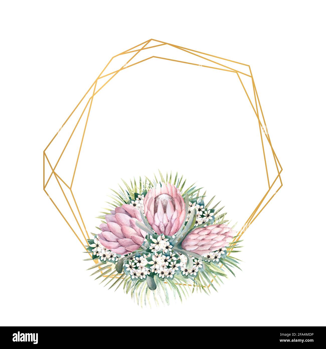 Geometrischer Goldrahmen mit protea-Blüten, tropischen Blättern, Palmblättern, bouvardia-Blüten. Hochzeitsbouquet in einem Rahmen für das Design eines stilvollen Stockfoto