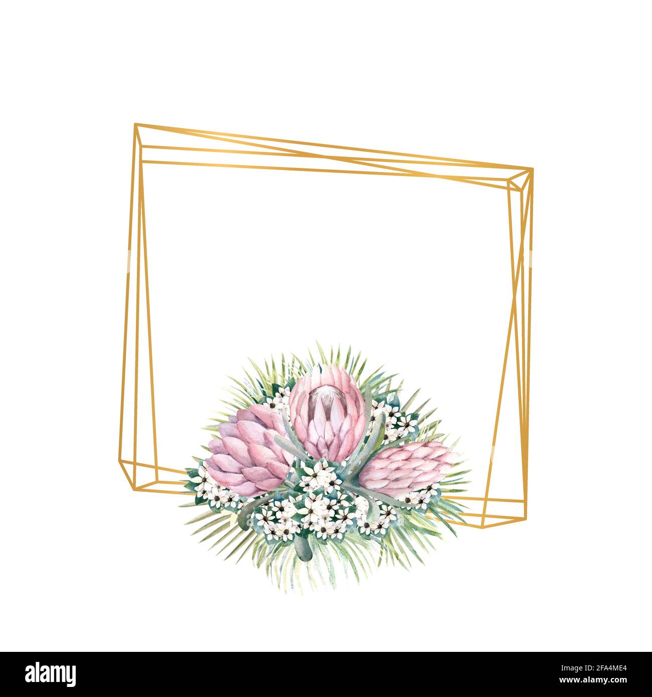 Rahmen mit protea-Blüten, tropischen Blättern, Palmblättern, bouvardia-Blüten. Hochzeitsstrauß im Rahmen für die Gestaltung einer stilvollen Einladung Stockfoto