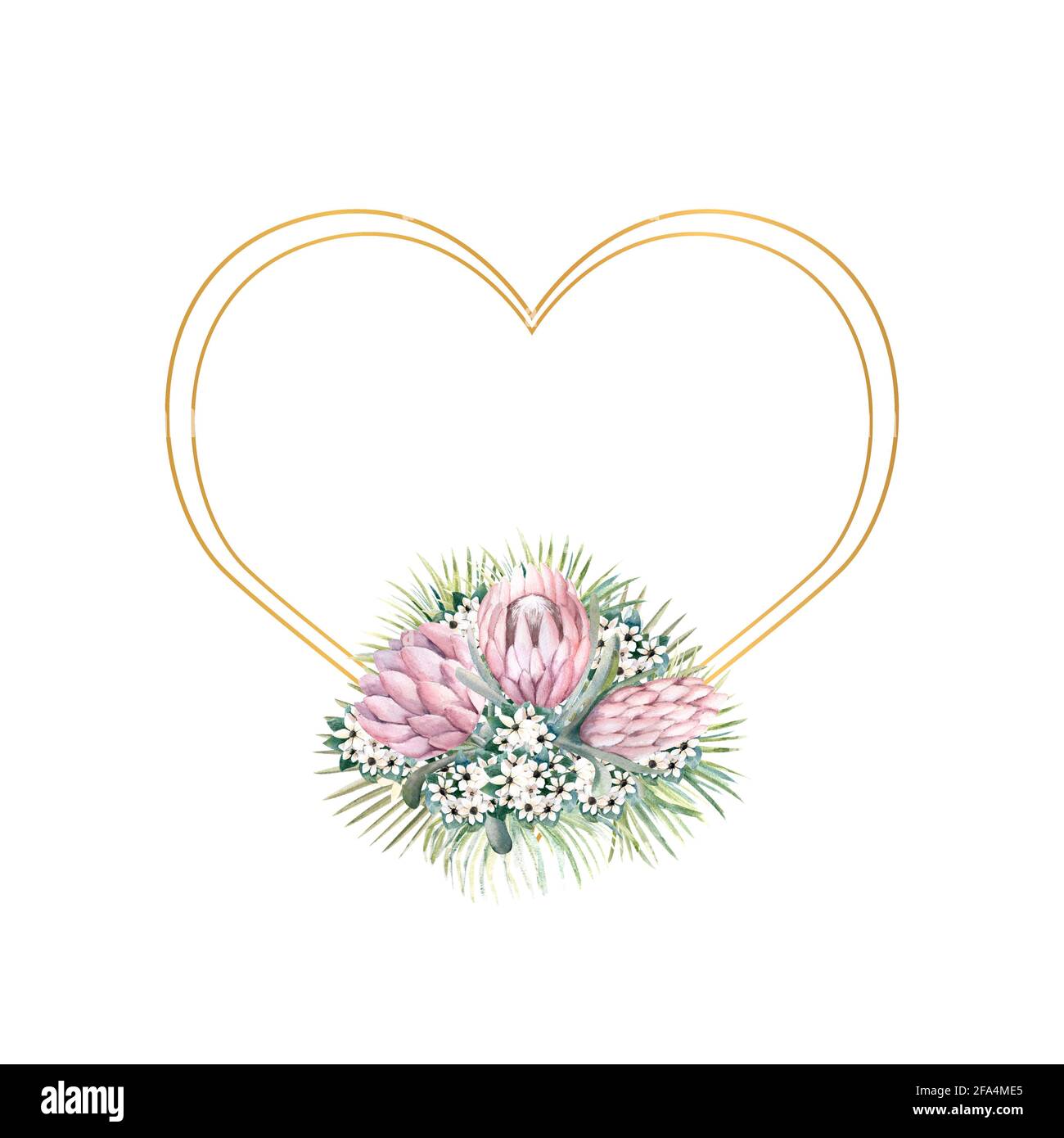 Rahmen mit protea-Blüten, tropischen Blättern, Palmblättern, bouvardia-Blüten. Hochzeitsstrauß im Rahmen für die Gestaltung einer stilvollen Einladung Stockfoto