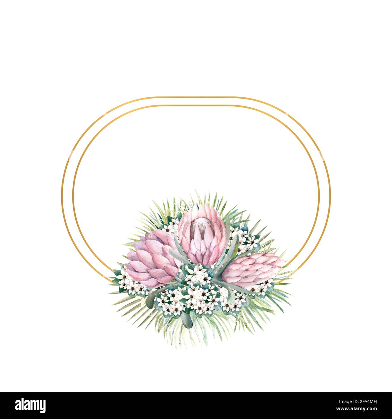 Ovaler Goldrahmen mit protea-Blüten, tropischen Blättern, Palmenblättern, bouvardia-Blüten. Hochzeitsstrauß in einem Rahmen für das Design eines stilvollen Stockfoto